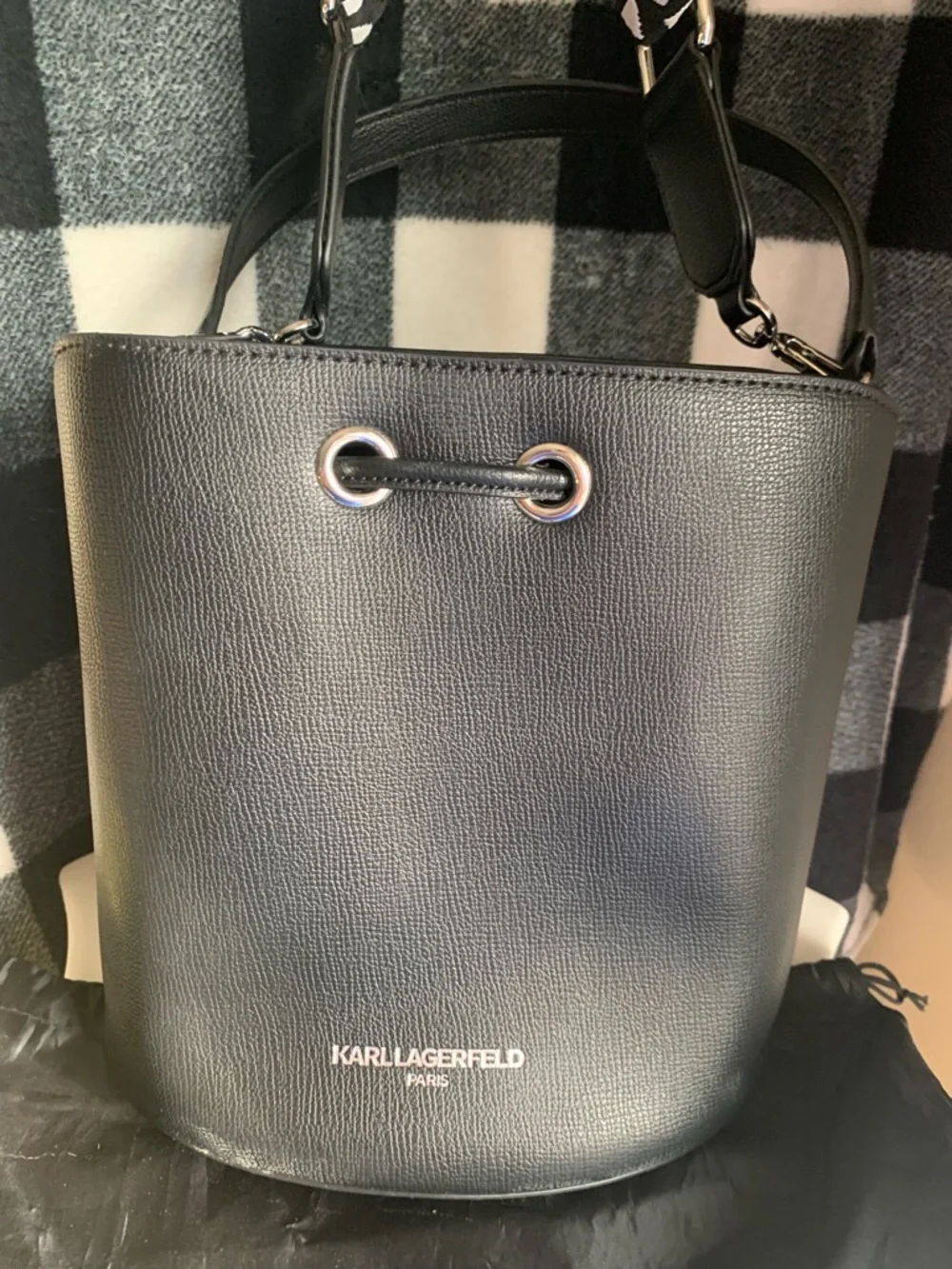 Karl Lagerfeld Black & Cream Leather Icon Drawstring Bucket Crossbody - Picture 4 of 10